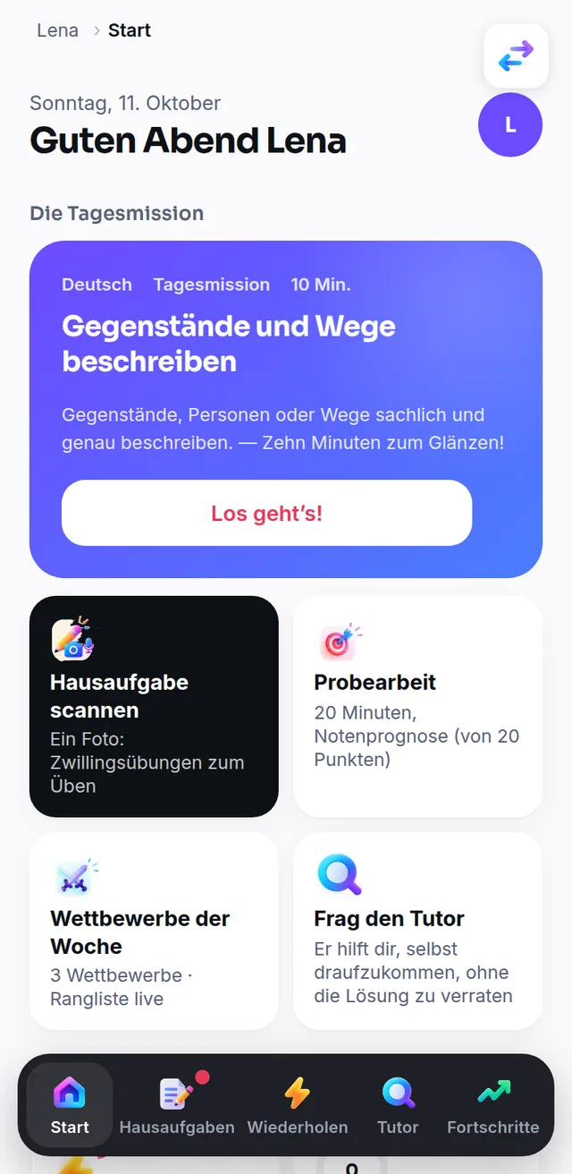 Deine Startseite auf dem Smartphone: die Aufgabe des Tages und das Foto der Hausaufgabe