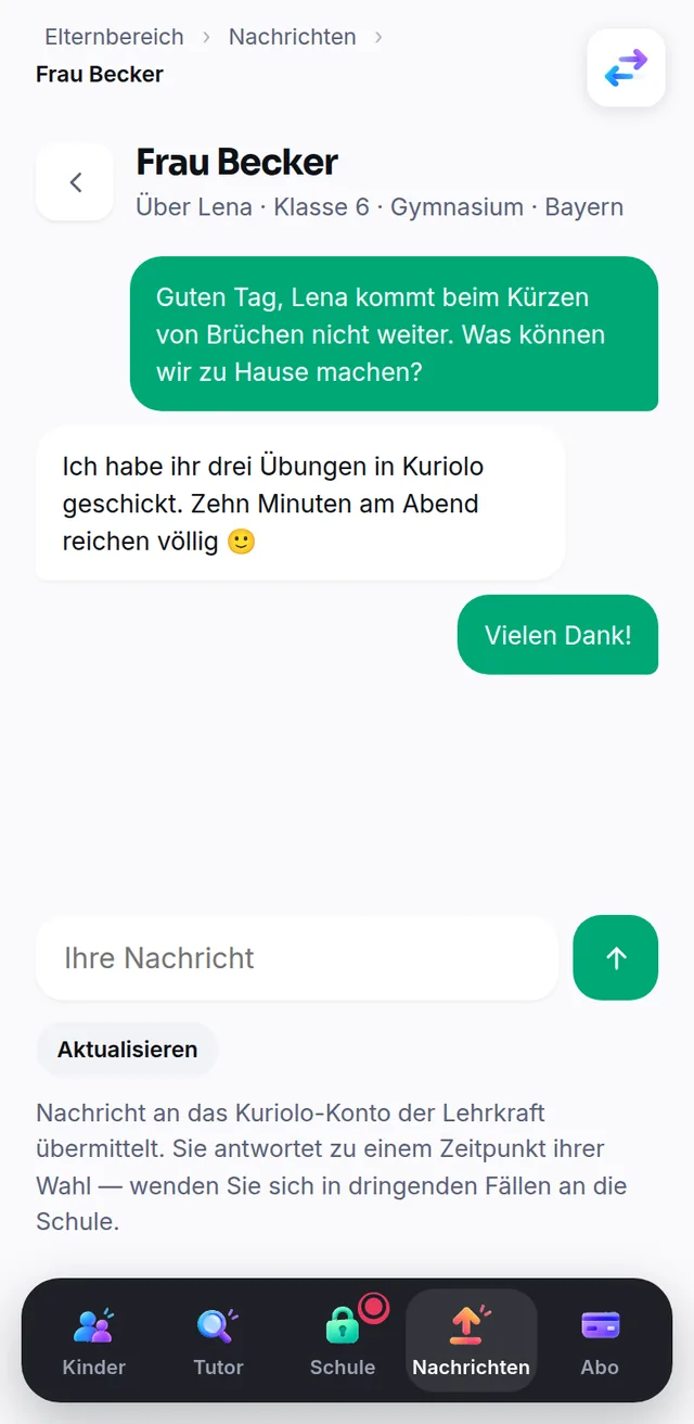 Auf dem Smartphone: Nachrichten mit Lenas Lehrerin